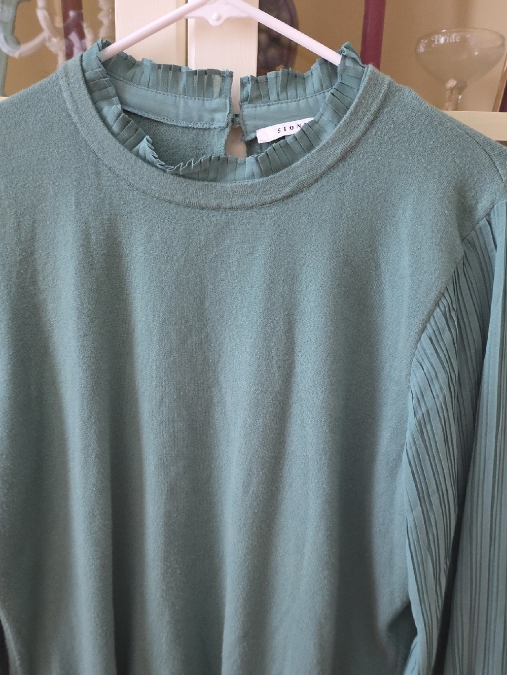 Sioni Teal Green Pleated-Sleeve Crewneck Sweater